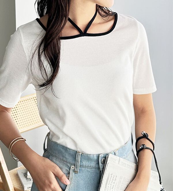 GeeRA（ジーラ）の「ホルターネック配色リブカットソー（カットソー）」｜詳細画像