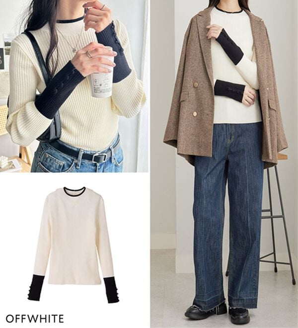 GeeRA（ジーラ）の「配色デザインくるみボタン付リブニット（ニット・セーター）」｜詳細画像