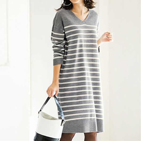 RANAN（ラナン）の「カシミヤタッチニットワンピース（ニットワンピース）」｜細グレーボーダー