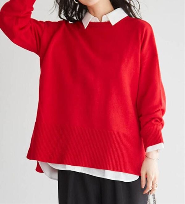 RANAN（ラナン）の「ワイドリブ使いカラーニットチュニック（ニット・セーター）」｜レッド