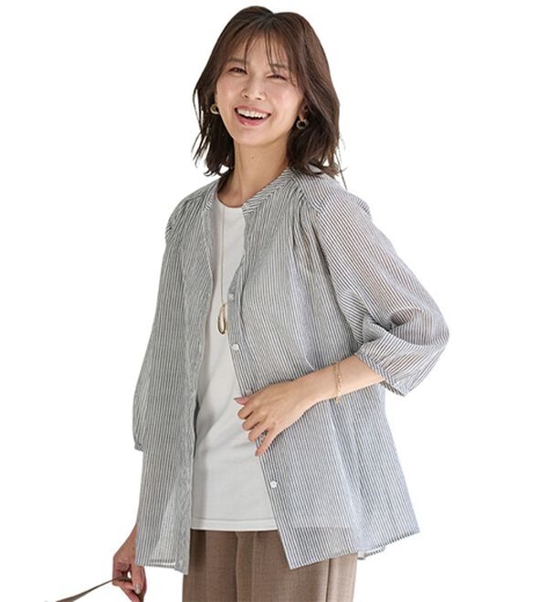 BELLUNA（ベルーナ）の「【タンクトップ付】綿シアーシャツブラウスセット（シャツ）」｜ストライプ