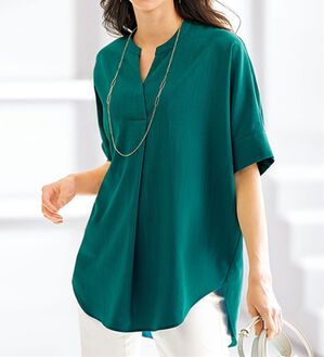 BELLUNA（ベルーナ）の「ヒンヤリ！麻調スラブ素材ドルマンシャツチュニック（チュニック）」｜ターコイズ