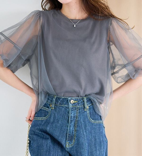 RANAN（ラナン）の「【ひんやり】チュールレイヤードパフスリーブTシャツ（カットソー）」｜詳細画像