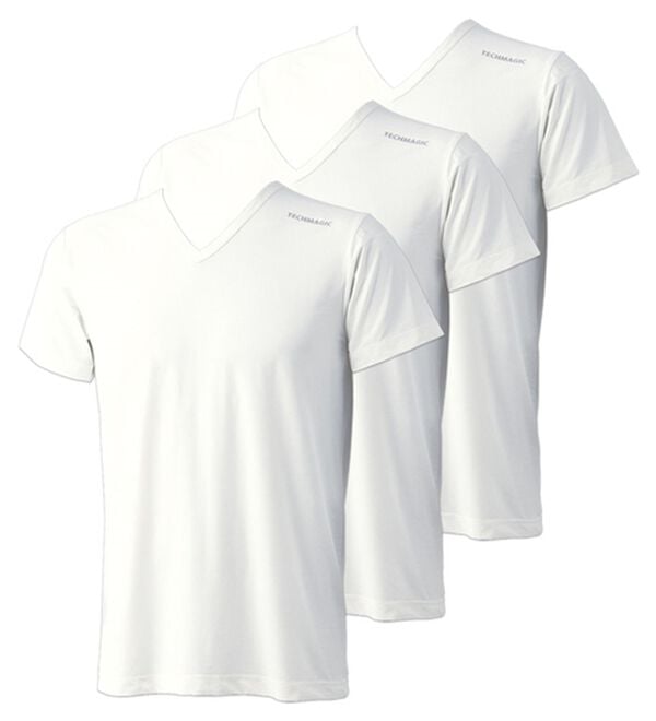 「【３枚組】テックマジック（Ｒ）魔法の冷感インナー３枚組スプレー付（メンズ肌着・インナーウェア）」｜ホワイト 半袖V首