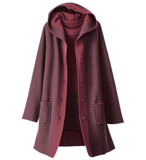 BELLUNA（ベルーナ）の「ツイード調編地フードニットジャケットアンサンブル（アンサンブル）」｜ワイン系