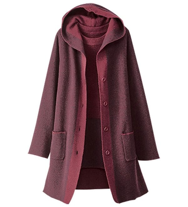 BELLUNA（ベルーナ）の「ツイード調編地フードニットジャケットアンサンブル（アンサンブル）」｜ワイン系