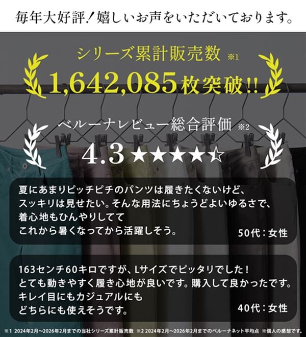 BELLUNA（ベルーナ）の「サラリ速乾！綿サテンストレッチカラーパンツ（フルレングスパンツ）」｜詳細画像