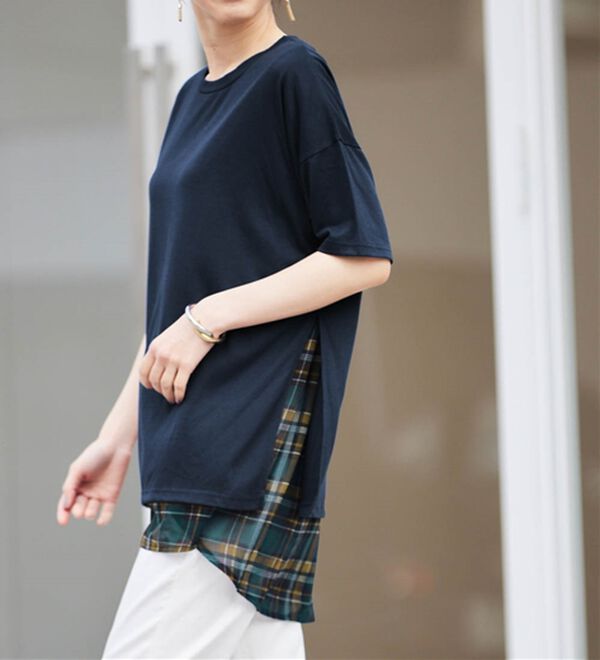RANAN（ラナン）の「チェック柄異素材使いTシャツ（カットソー）」｜詳細画像