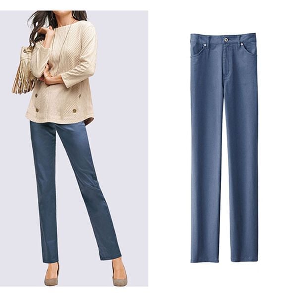 BELLUNA（ベルーナ）の「花粉対策！綿サテンストレッチカラーパンツ（フルレングスパンツ）」｜ブルー