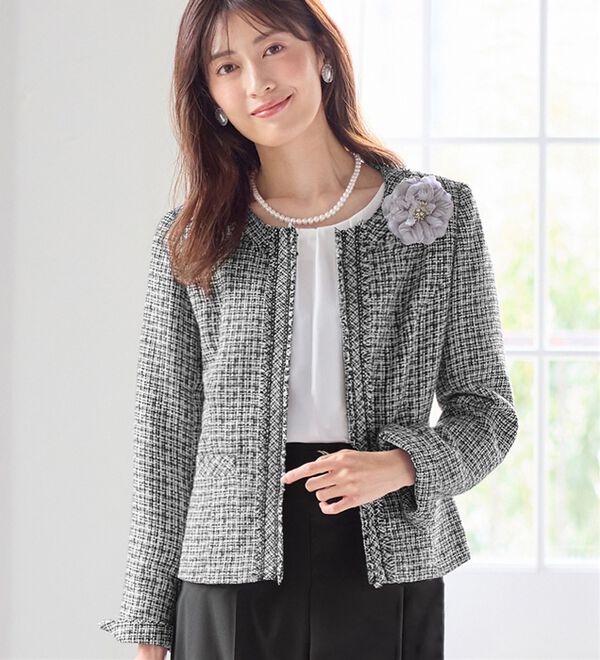 セオリープラステ　ツイードジャケット新品M 入学式　卒業式 入学式・卒業式・フォーマル】ツイード調ロング丈ノーカラージャケット