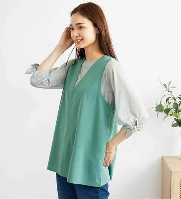 BELLUNA（ベルーナ）の「【2点セット】ストライプシャツ×ベストアンサンブル（アンサンブル）」｜詳細画像