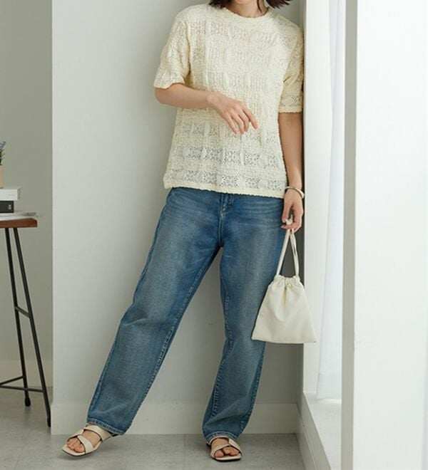 BELLUNA（ベルーナ）の「ぽこぽこ♪ストレッチレース調ハイネックプルオーバー（カットソー）」｜詳細画像