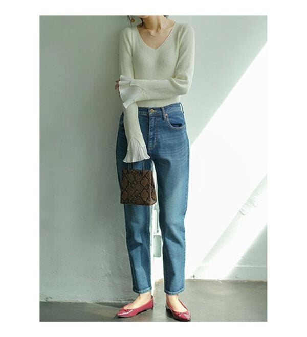 GeeRA（ジーラ）の「プリーツ付Ｖネックリブニットトップス（ニット・セーター）」｜詳細画像