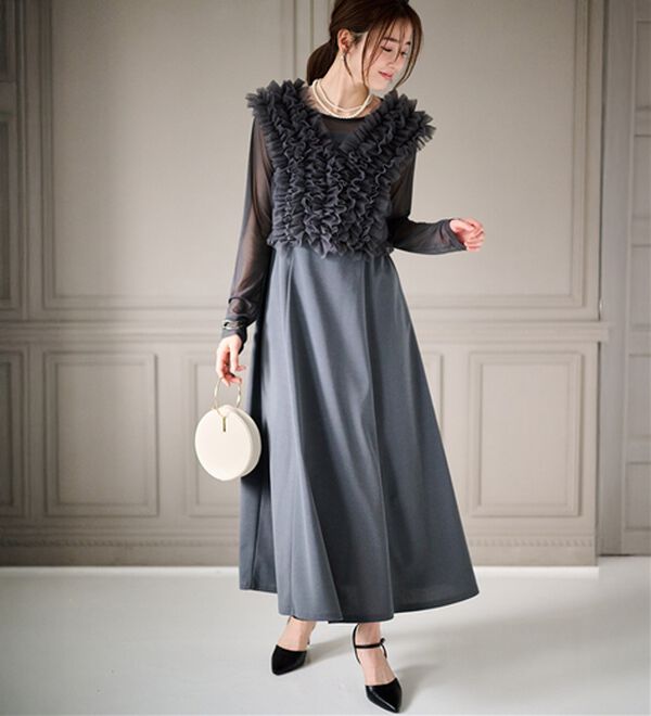 RANAN（ラナン）の「＜３点セット＞チュールフリルベストフレアワンピース（その他ワンピース）」｜グレー系