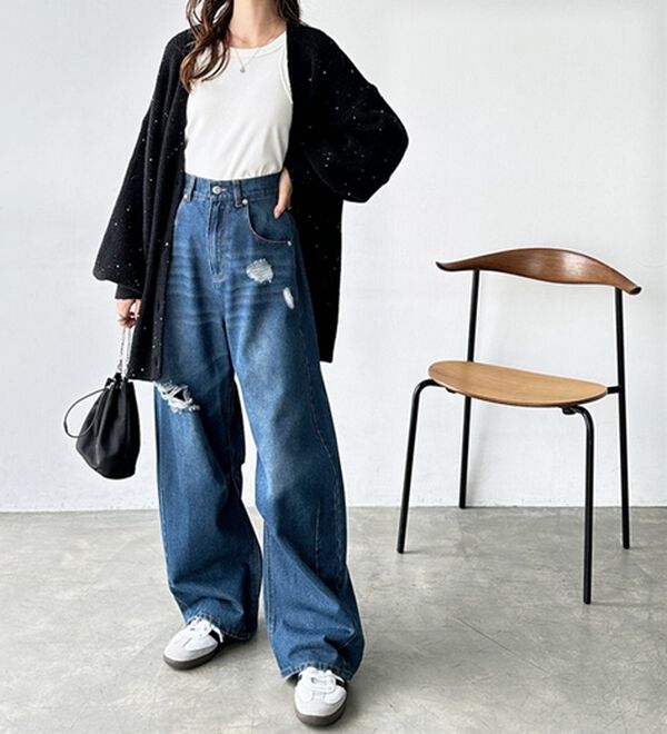 GeeRA（ジーラ）の「ダメージカーブデニムパンツ（フルレングスパンツ）」｜詳細画像