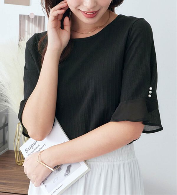 alotta（アロッタ）の「パール調ボタン付テレコリブトップス（カットソー）」｜詳細画像