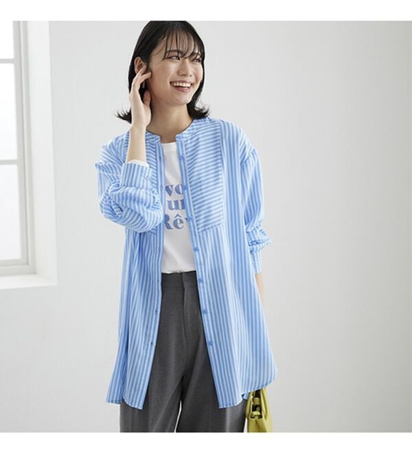 BELLUNA（ベルーナ）の「お手入れ簡単！ストライプ切替シャツチュニック（チュニック）」｜詳細画像
