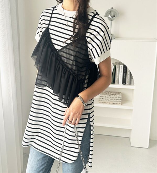 GeeRA（ジーラ）の「綿１００％フレンチスリーブチュニックＴシャツ（カットソー）」｜詳細画像