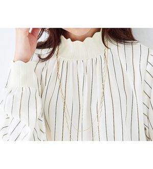 BELLUNA（ベルーナ）の「衿＆袖ニット使い美人顔ブラウス（ブラウス）」｜オフ白系ストライプ