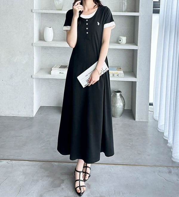 GeeRA（ジーラ）の「【ＵＳ．ＰＯＬＯ．ＡＳＳＮ】レイヤード風ヘンリーネック半袖ワンピース（カットソーワンピース）」｜詳細画像