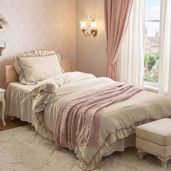 iellio（イエリオ）の「大人かわいいダブルフリル付布団カバーリング＜掛け布団カバー・ボックスシーツ・枕カバー・ずれにくい・オールシーズン・淡色＞（敷布団カバー・シーツ）」｜詳細画像