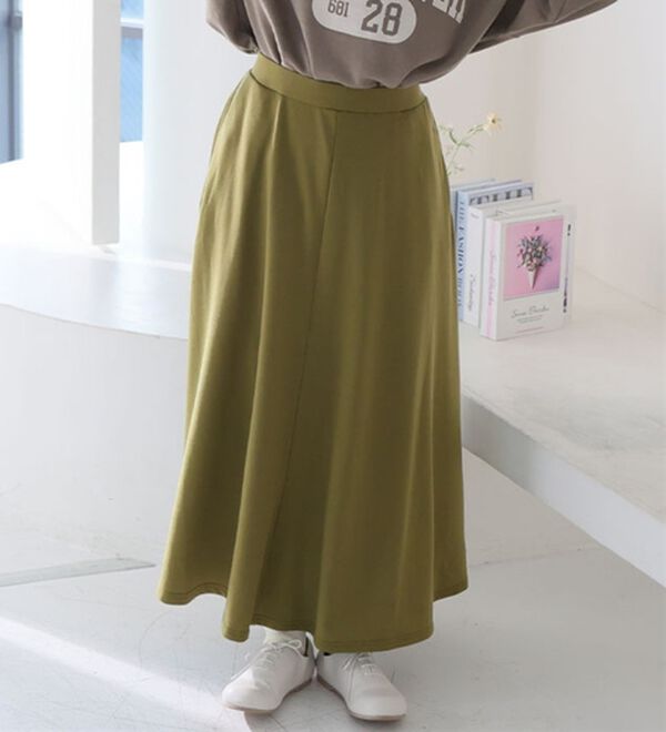 A HAPPY MARILYN（アハッピーマリリン）の「【Ｌ～８Ｌ】選べる身長別＆デザイン　ゆるっと楽ちん　ミニ裏毛　フレアスカート＆ワイドパンツ（ワイドパンツ・ガウチョ）」｜スカート／オリーブ