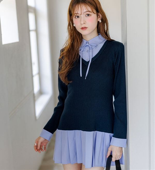 alotta（アロッタ）の「【Corie】シャツドッキングプリーツワンピース（ドッキングワンピース）」｜詳細画像