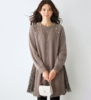 BELLUNA（ベルーナ）の「ケーブル柄ニット&times;チュール切替チュニック（チュニック）」｜詳細画像