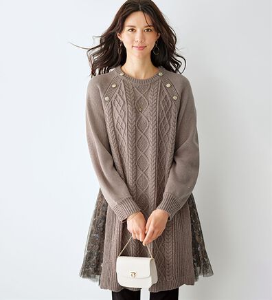 BELLUNA（ベルーナ）の「ケーブル柄ニット&times;チュール切替チュニック（チュニック）」