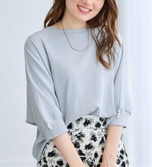 alotta（アロッタ）の「【接触冷感】袖口パールゆるドルマンリブトップス（カットソー）」｜ブルーグレー