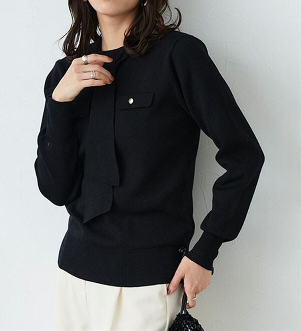 Pierrot（ピエロ）の「ボウタイポケットニット（ニット・セーター）」｜ブラック