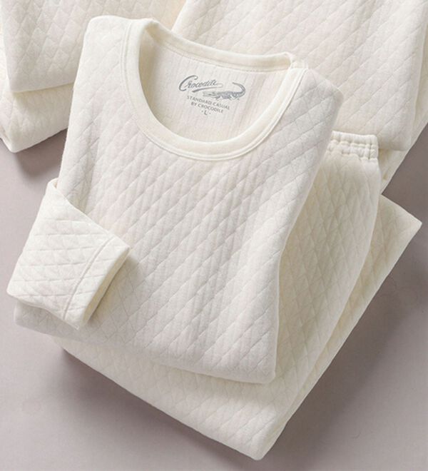 「≪ＴＶ限定★≫＜クロコダイル＞ウール入肌側綿１００％極温（Ｒ）キルトインナー上下（メンズ肌着・インナーウェア）」｜ホワイト