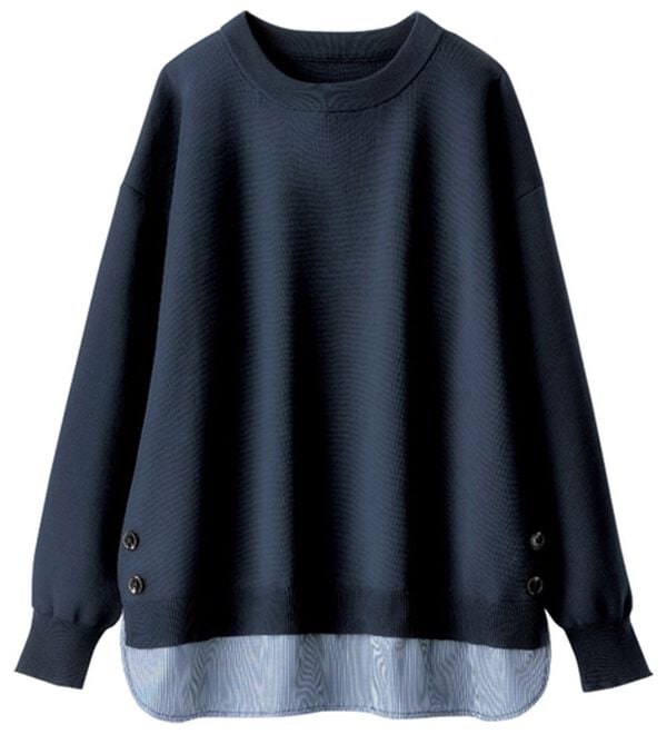 BELLUNA（ベルーナ）の「裾ボタン重ね着風ニットプルオーバー（ニット・セーター）」｜ネイビー系