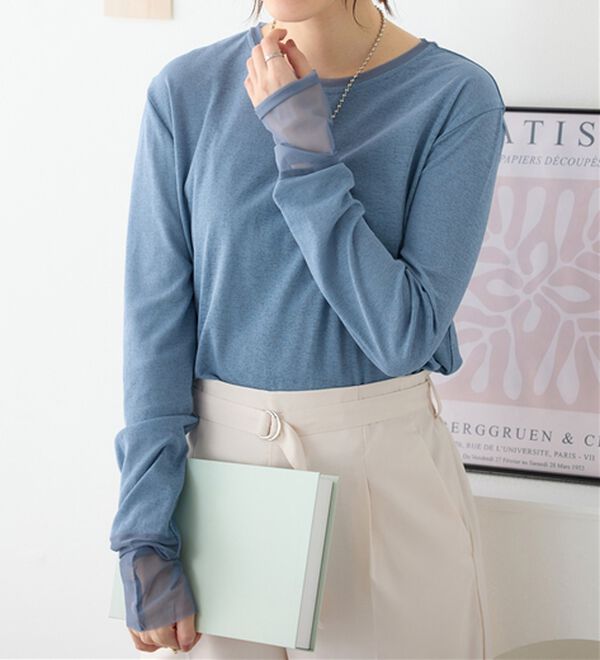 Viola e Viola（ヴィオラ エ ヴィオラ）の「程よい透け感大人シアー素材切替トップス（カットソー）」｜グレイッシュブルー