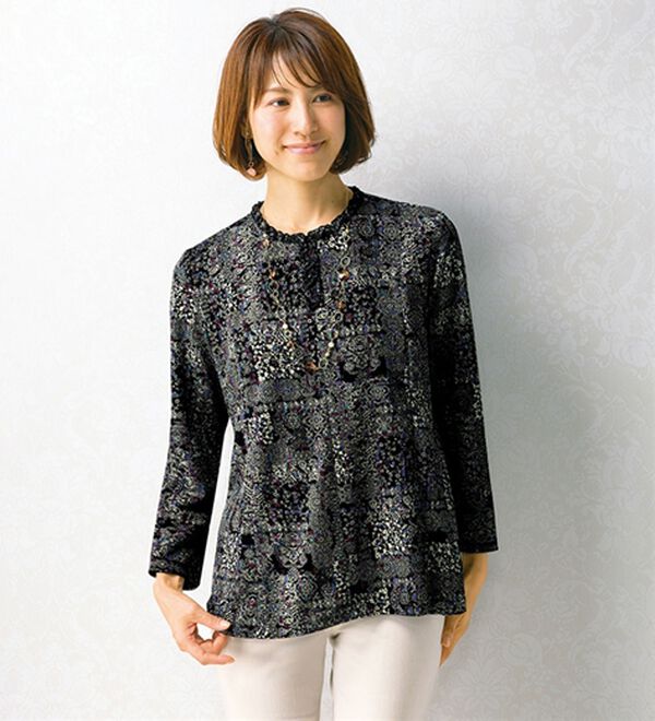 ルフラン（ルフラン）の「ニットちりめんブラウス＜華蓮～かれん～＞（ブラウス）」｜幾何柄