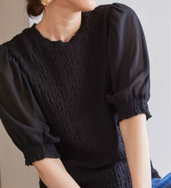 RANAN（ラナン）の「ボリューム袖ぽこぽこＴシャツ（カットソー）」｜ブラック