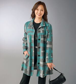 BELLUNA（ベルーナ）の「起毛素材幾何柄デザインコート（ハーフコート）」｜ブルー&times;杢グレー系
