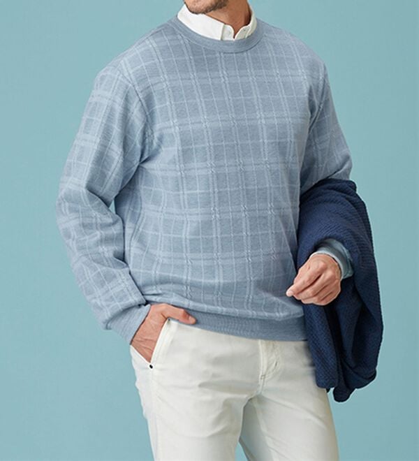 「＜コムルヴァン・オム＞チェック柄ふくれジャカードトレーナー（メンズトレーナー）」｜詳細画像