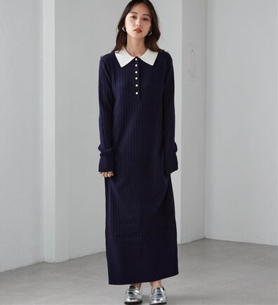 RANAN（ラナン）の「ポロカラーリブニットワンピース（ロングワンピース）」