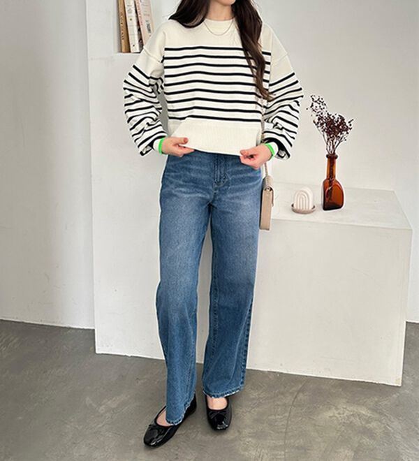 GeeRA（ジーラ）の「さらっと素材パネルボーダーショートニット（ニット・セーター）」｜詳細画像