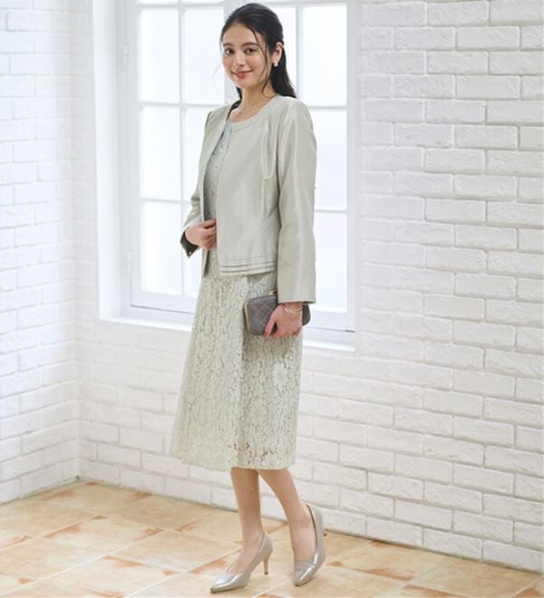 BELLUNA（ベルーナ）の「シャンタン素材ノーカラージャケットレースワンピースアンサンブル（ワンピースセットスーツ）」｜詳細画像