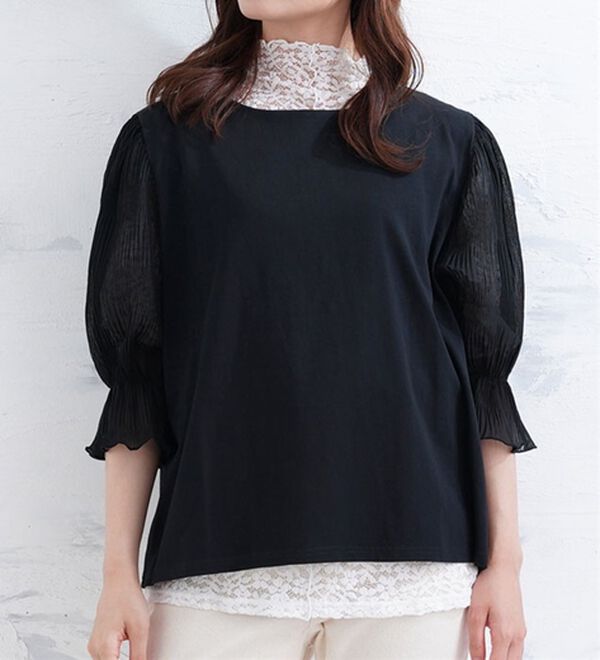 A HAPPY MARILYN（アハッピーマリリン）の「選べる袖異素材 キレイめカットソー 半袖 プルオーバー（カットソー）」｜Bタイプ／ブラック