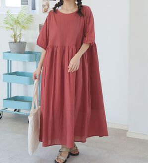 A HAPPY MARILYN（アハッピーマリリン）の「【Ｌ～６Ｌ】【風通るプレミアム】綿　楊柳　五分袖　ウエスト切替ワンピース（カットソーワンピース）」｜オレンジ