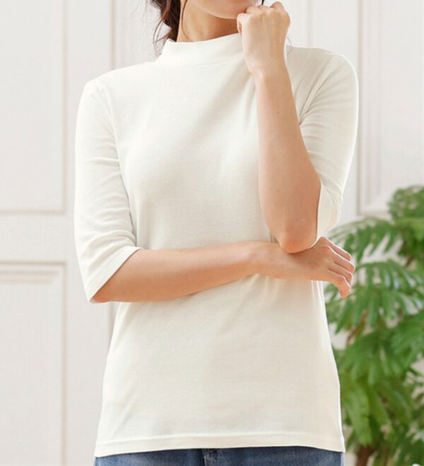 LAVIENNE（ラヴィエンヌ）の「＜カラフルコットン＞綿１００％ハイネックプルオーバー（５分袖）（肌着・インナーウェア）」｜詳細画像