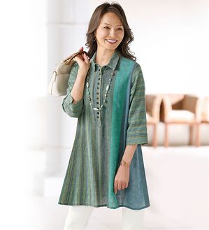 BELLUNA（ベルーナ）の「綿１００％かすりドビー素材衿付チュニック（チュニック）」｜グリーン系