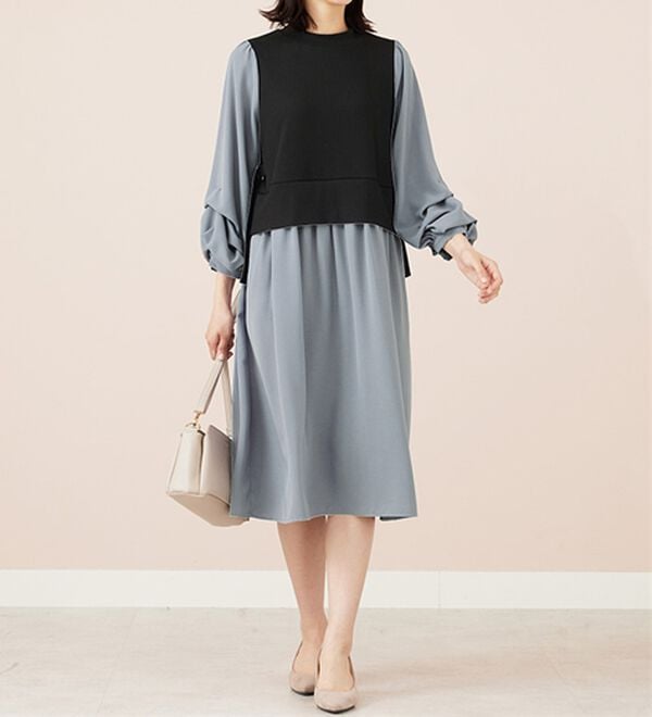 BELLUNA（ベルーナ）の「袖タックデザイン異素材切替ワンピース（その他ワンピース）」｜詳細画像