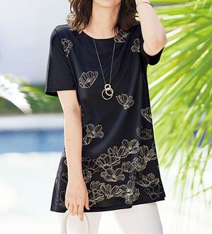 BELLUNA（ベルーナ）の「綿・テンセル（ＴＭ）繊維ロング丈プリントＴシャツ（Tシャツ）」｜線花柄