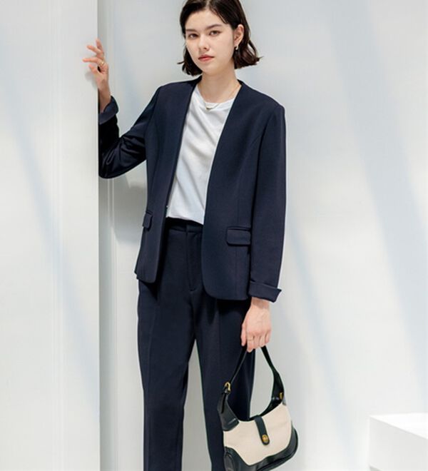 GeeRA（ジーラ）の「【ジャケット+パンツ】洗濯機で洗えるのびのび！ストレッチカットソーセットアップスーツ（パンツスーツ）」｜詳細画像