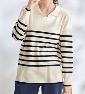 BELLUNA（ベルーナ）の「カジュアルを更新！ボーダー柄衿付セーター（ニット・セーター）」｜オフ白／黒