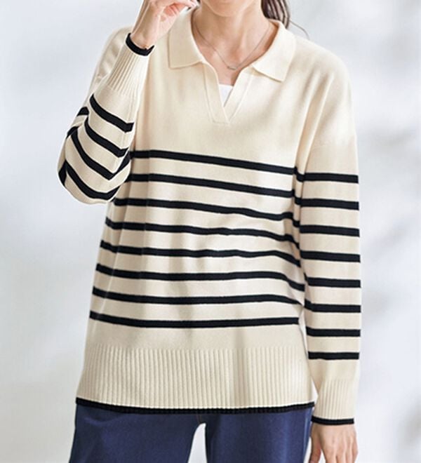 BELLUNA（ベルーナ）の「カジュアルを更新！ボーダー柄衿付セーター（ニット・セーター）」｜オフ白／黒